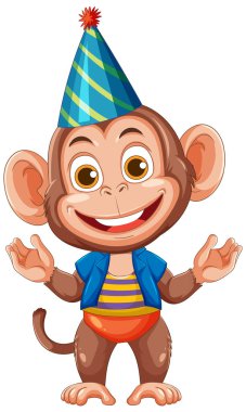 Parti şapkası takan neşeli bir maymun ve renkli bir kıyafet, canlı bir çizgi film vektör tarzında dizayn edilmiş.