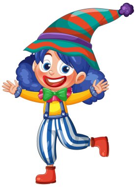 Çizgili şapkalı, mavi saçlı ve renkli giyimli neşeli bir palyaçonun canlı vektör çizimi. Eğlenceli temalar için mükemmel