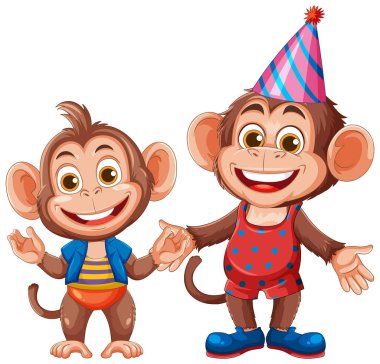 Renkli parti kıyafetleri giymiş iki neşeli çizgi film maymunu canlı renkler ve neşeli ifadeler sergiliyorlar.
