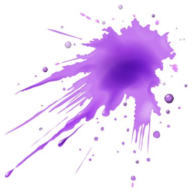 Mor bir boyanın dinamik vektör çizimi damlacıklarla sıçrıyor, canlı renkler ve akışkan hareketler sergiliyor.