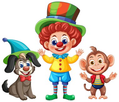 Neşeli bir palyaçonun, neşeli bir köpeğin ve parlak, çekici renklerde gülümseyen bir maymunun canlı vektör çizimi