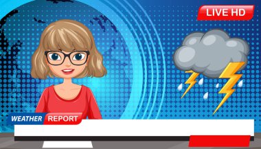 Bir karikatür sunucusu ve fırtına grafikleriyle dolu canlı renkler ve modern tasarım içeren bir hava raporunun vektör illüstrasyonu