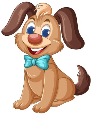 Canlı renkler ve neşeli bir ifadeyle mavi papyonlu neşeli çizgi film köpek çizimi.