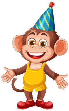 Çizgili bir parti şapkası ve parlak renkleri ve neşeli bir ifadeyle sarı bir kıyafet giyen oyuncu bir çizgi film maymunu.