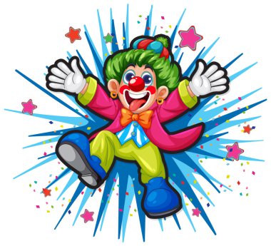 Yeşil saçlı, renkli kıyafetli ve dinamik yıldız patlaması geçmişi olan neşeli bir palyaçonun canlı vektör çizimi