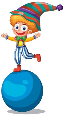 Büyük mavi bir top üzerinde dengede duran neşeli bir palyaçonun renkli vektör çizimi, canlı renkler ve neşeli kompozisyon