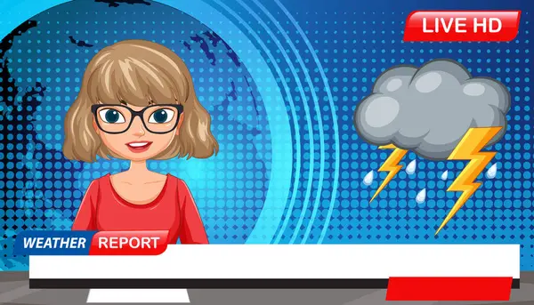 Bir karikatür sunucusu ve fırtına grafikleriyle dolu canlı renkler ve modern tasarım içeren bir hava raporunun vektör illüstrasyonu