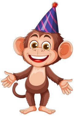 Renkli bir parti şapkası takan neşeli bir maymun, canlı bir çizgi film tarzıyla kendini ifade ediyor.