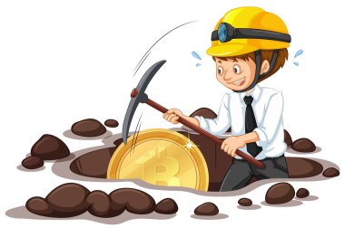 Adam kazma ve kaskla Bitcoin madenciliği yapıyor.