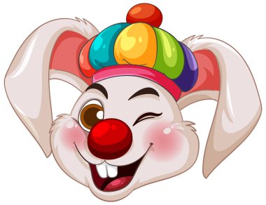 Palyaço burunlu, renkli şapkalı, neşeli bir çizgi film tavşanı. Parlak renkler ve neşeli ifade cazibesini arttırır.