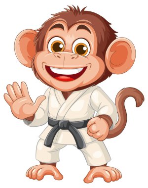 Karate kıyafeti giyen, gülümseyen ve el sallayan bir maymun. Parlak renkler ve neşeli stil neşeli havayı artırır.