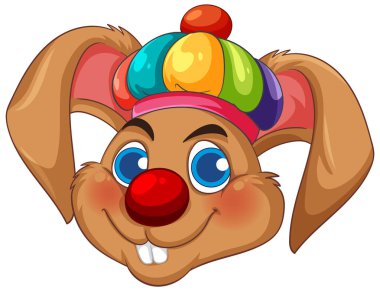 Gökkuşağı palyaço şapkalı, parlak mavi gözlü neşeli çizgi film tavşanı. Canlı renkler ve neşeli ifade tuhaf tarzı geliştirir.