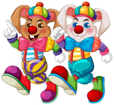 Kocaman ayakkabıları ve papyonları olan iki canlı palyaço tavşanı. Garip bir vektör tarzında parlak renkler ve neşeli ifadeler