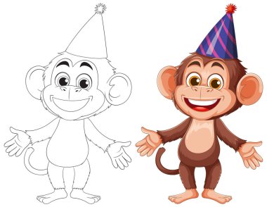 Renkli bir parti şapkası takan neşeli bir maymun, cesur hatları ve neşeli ifadesi olan canlı bir vektör stili tasarlanmış.