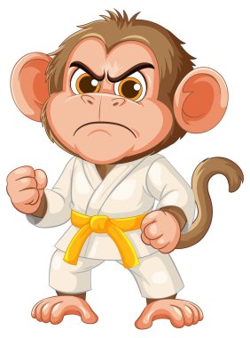 Sarı kuşaklı bir karate giysisi içindeki çizgi film maymunu vektör stili çiziminde kararlılık ve güç gösteriyor.