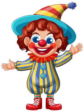 Çizgili kıyafet ve şapkalı neşeli bir palyaçonun parlak vektör çizimi, canlı renkler ve neşeli bir ifade.