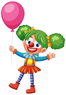 Renkli, yeşil saçlı, pembe balonlu, parlak elbiseli bir palyaço. Oyuncu ve kaprisli vektör sanat biçimi