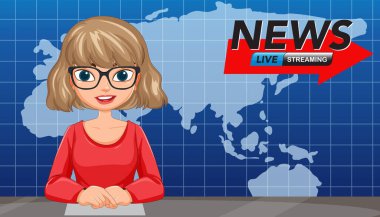 Gözlüklü bir kadın haber sunucusunun vektör illüstrasyonu, dünya haritası arka planına göre ayarlanmış, ortam içeriği için ideal