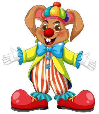 Neşeli palyaço tavşanın renkli giyimli ve abartılı özellikleri olan canlı bir vektör çizimi, oyuncu tasarımlar için ideal.