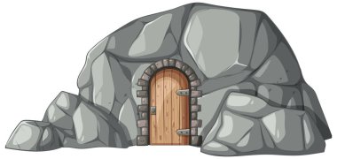 Ayrıntılı dokuları ve doğal renk paleti olan ahşap kapılı bir kaya mağarasının vektör çizimi