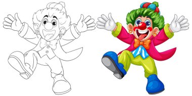 Cesur renkleri ve neşeli ifadesiyle canlı palyaço çizimi. Çok yönlü kullanım için ayrıntılı bir özet sürümü içerir