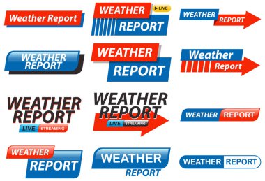 Kalın tipografi ve canlı renkler içeren bir hava raporu vektör grafikleri koleksiyonu, ortam ve yayın kullanımı için ideal