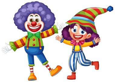 Canlı kostümleri ve abartılı ifadeleri olan iki neşeli palyaço kaprisli vektör illüstrasyonunda. Parlak renkler ve dinamik pozlar eğlenceyi arttırır