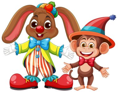 Şen şakrak giyinmiş bir palyaço ve maymunun canlı vektör çizimi. Parlak renkler ve kaprisli stil neşeli kompozisyonu artırır