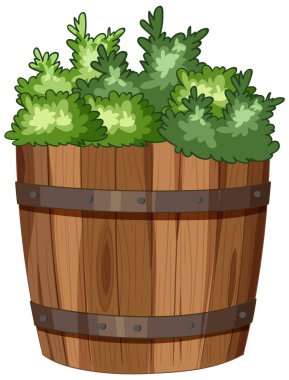 Yemyeşil yapraklarla dolu ahşap bir fıçının vektör çizimi, canlı renkler ve detaylı dokular sergiliyor.