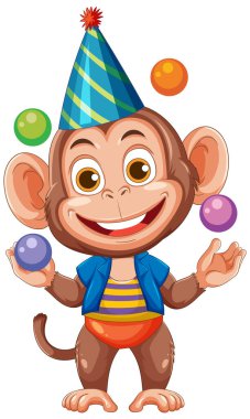 Parti şapkalı oyuncu bir maymun canlı toplarla hokkabazlık yapar, eğlenceli ve canlı bir vektör çizim stili sergiler.