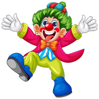 Abartılı özellikleri ve parlak renkleri olan neşeli bir palyaçonun canlı vektör çizimi, eğlenceli tasarımlar için mükemmel.