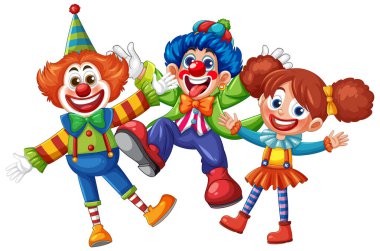 Neşeli poz veren üç canlı palyaço, parlak renkler sergiliyorlar ve çizgi film vektör illüstrasyonunda neşeli ifadeler sergiliyorlar.