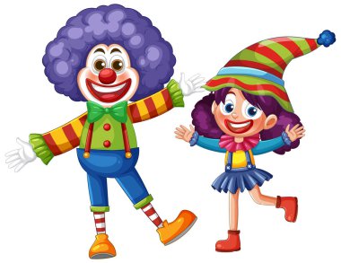 Parlak renkleri ve neşeli ifadeleri olan, neşeli ve neşeli bir atmosferi olan bir palyaço ve çocuğun canlı bir çizimi.