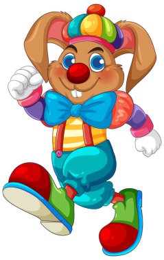 Çocuk medyası için ideal renkli giyimli ve neşeli ifadeli neşeli tavşan palyaçosunun canlı vektör çizimi