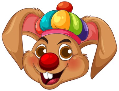 Renkli şapkası ve anlamlı özellikleri olan neşeli bir palyaço tavşanın canlı vektör çizimi