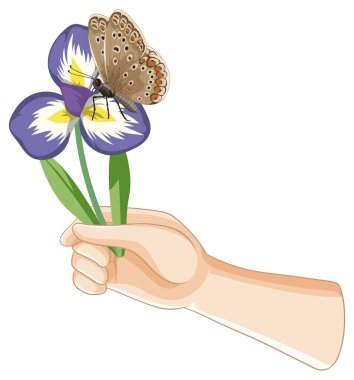 Narin bir kelebek, canlı bir mor çiçeğin üzerine tünemiş, bir el tarafından tutulmuş, karmaşık detaylar ve yumuşak renkler sergiliyor.