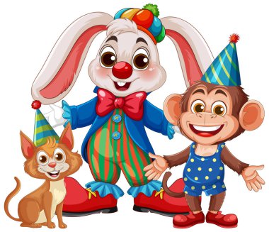 Parti şapkası takmış tavşan, maymun ve kedinin coşkulu bir tasviri, neşe saçan ve kutlama yapan