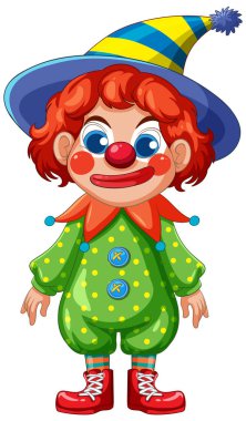 Kırmızı saçlı ve benekli kıyafetli parlak renkli bir palyaço. Canlı renkler ve tuhaf tasarım unsurları