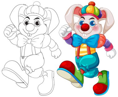Renkli ve neşeli ifadeli neşeli palyaço tavşanı canlı vektör çizimi ayrıntılı çizgi sanatı ve kalın renkler sergiliyor.