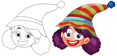 Çizgili şapkalı neşeli bir palyaçonun canlı vektör çizimi. Renkli ve özet sürümleri içerir