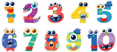 Canavar yüzlü renkli sayılar garip bir vektör tarzında. Parlak renkler ve neşeli ifadeler eğlenceli temayı artırır