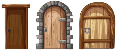 Eşsiz tasarımları olan üç farklı ahşap kapı.