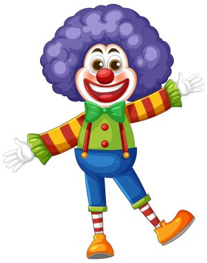 Mor afro saçlı, renkli giyinen ve beyaz arka planda abartılı özellikleri olan neşeli bir palyaçonun canlı vektör çizimi