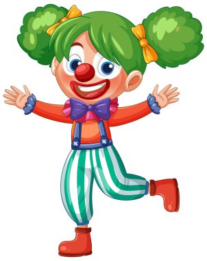 Canlı yeşil saçlı, kırmızı burunlu, neşeli bir palyaçonun renkli vektör çizimi.