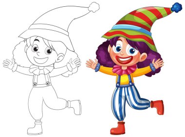 Çizgili şapkası ve kıyafeti olan neşeli bir palyaço çizimi. Neşeli bir ifade. Renkli ve özet sürümleri içerir