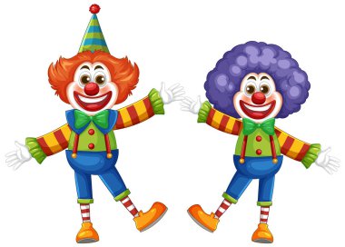 Renkli kıyafetleri ve büyük gülümsemeleri olan iki canlı palyaço neşeli ve neşeli bir atmosfer sergiliyorlar.