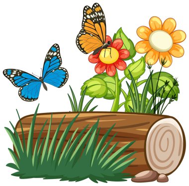 Kelebeklerin ve ağaçlı çiçeklerin canlı vektör çizimi. Parlak renkler ve detaylı kompozisyon canlı bir doğa sahnesi yaratır.