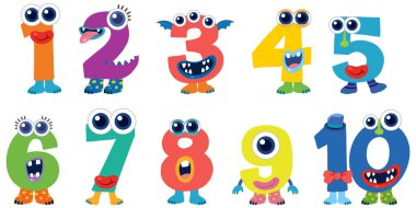 Canavar yüzlü numaraların oyuncu vektör çizimi, canlı renkler ve tuhaf tasarım. Eğitim materyalleri ve çocuk medyası için ideal