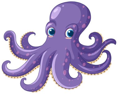 Mor ahtapotun etkileyici vektör çizimi ve etkileyici gözleri. Beyaz arkaplanda düz çizgiler ve canlı renkler