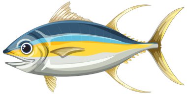 Detaylı yüzgeçleri ve pulları olan sarı yüzgeçli ton balığının renkli vektör çizimi, canlı maviler ve sarılar